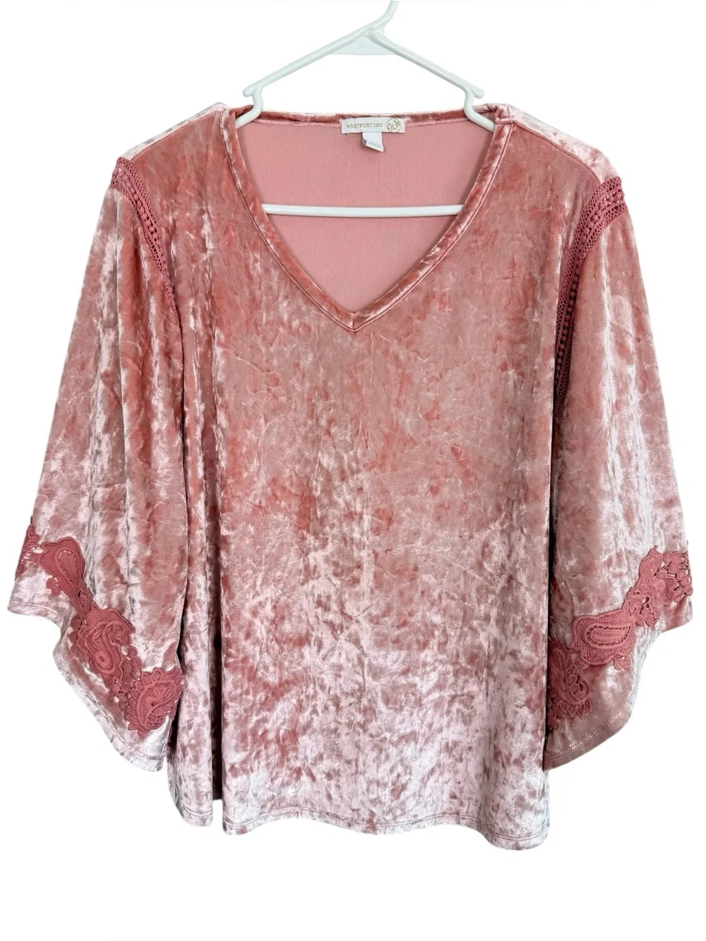 Westport 1962 Crushed Velvet Lace Trim Bell Sleeve Top Dusty Rose Pink L